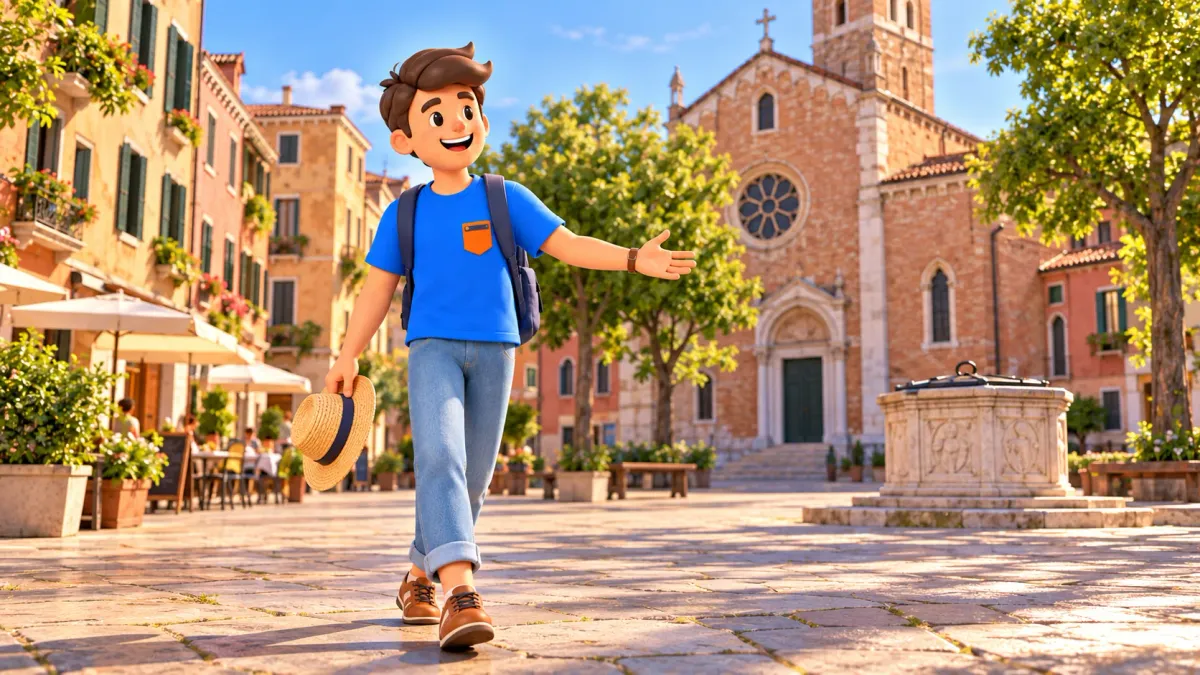 Illustration conceptuelle de l’arrivée sur un campo vénitien avec arbres, église et margelle fermée