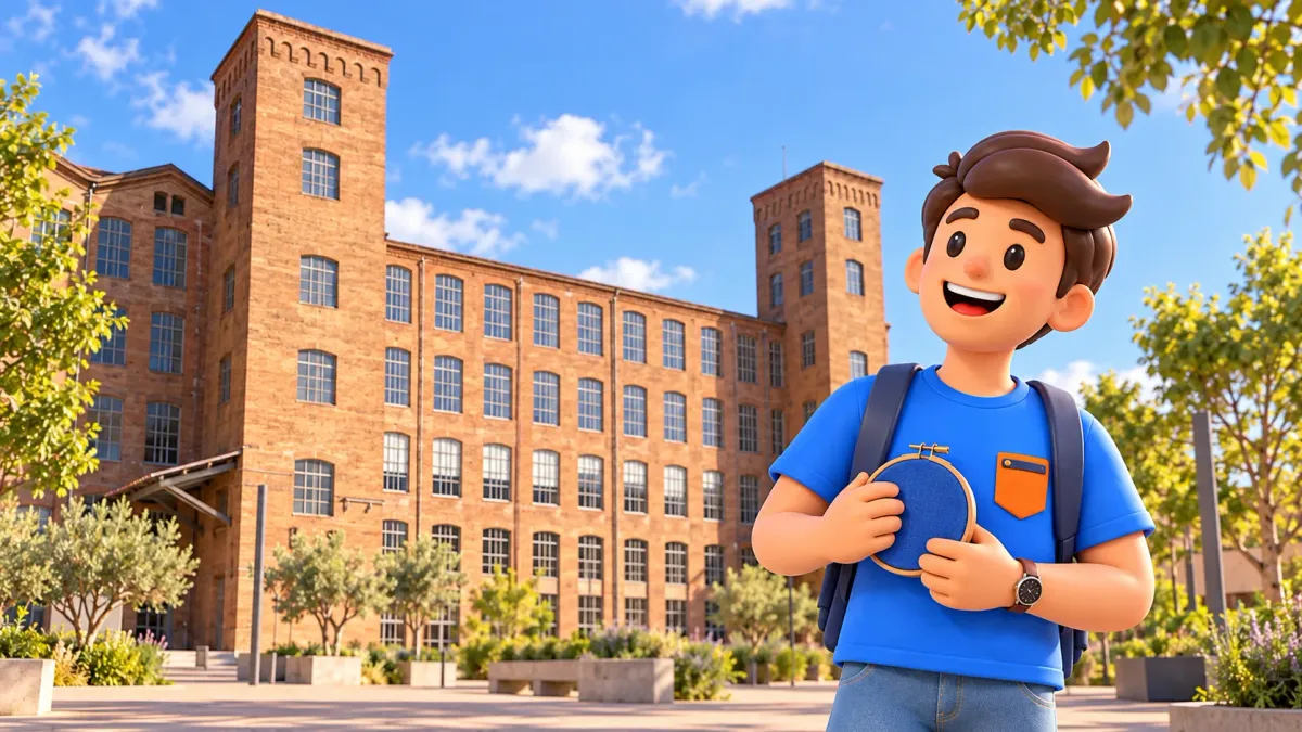 Illustration of a traveller holding an embroidery hoop outside the brick Fabra i Coats factory.