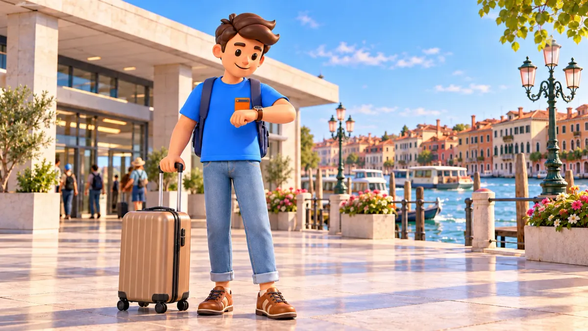 Conceptual illustration of a traveller with a suitcase checking his watch before a walk near a station