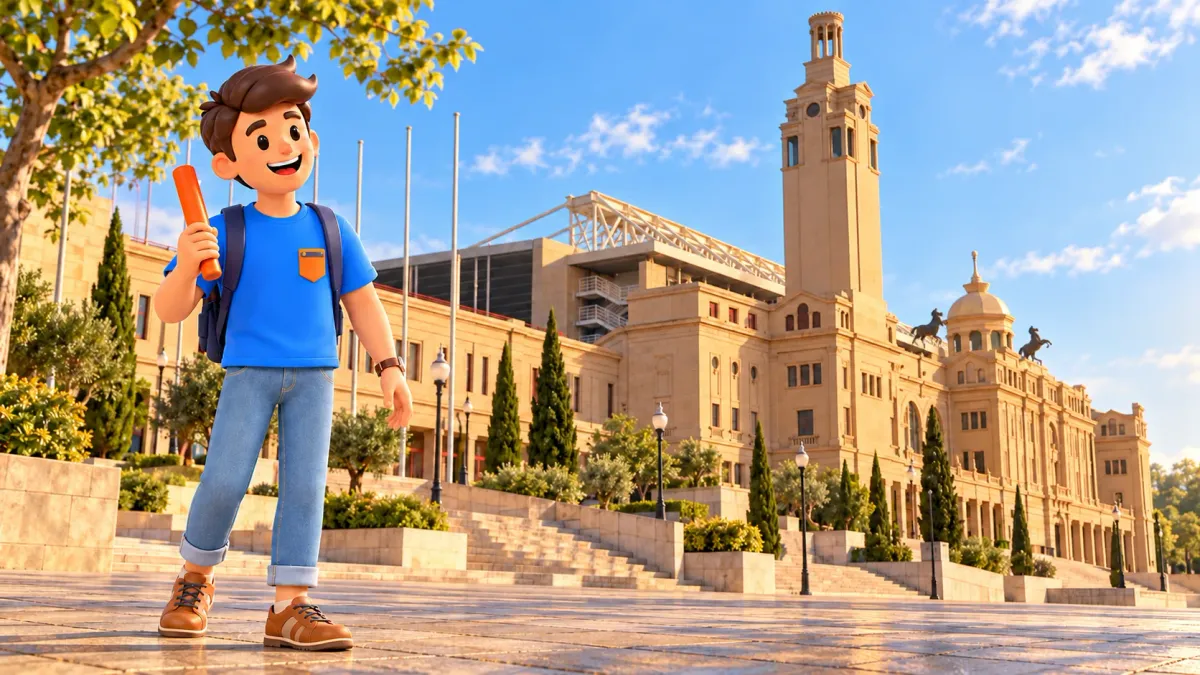 Illustration of a traveller with his own relay baton outside Barcelona’s Olympic Stadium historic façade.