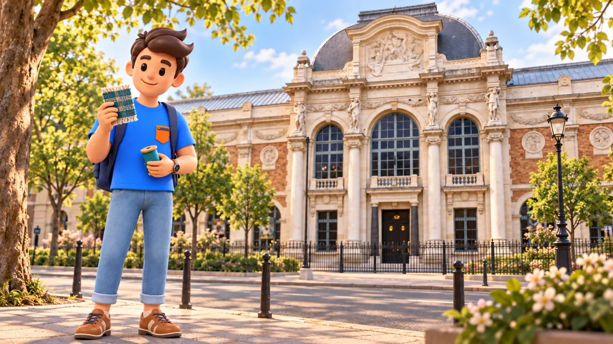Traveler holding a woven sample and yarn spool in front of the Gobelins gallery façade