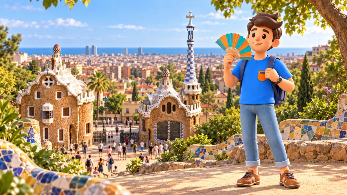 Illustration eines Reisenden mit eigenem Fächer vor den Eingangspavillons des Park Güell und Barcelona.
