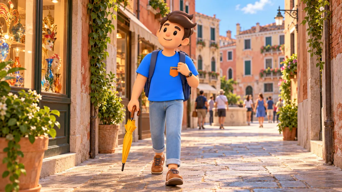 Conceptual illustration of walking through a Venetian shopping lane opening onto a campo