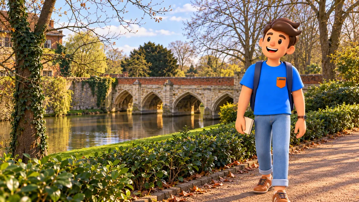 Reisender am Wassergraben und der Steinbrücke von Eltham Palace.
