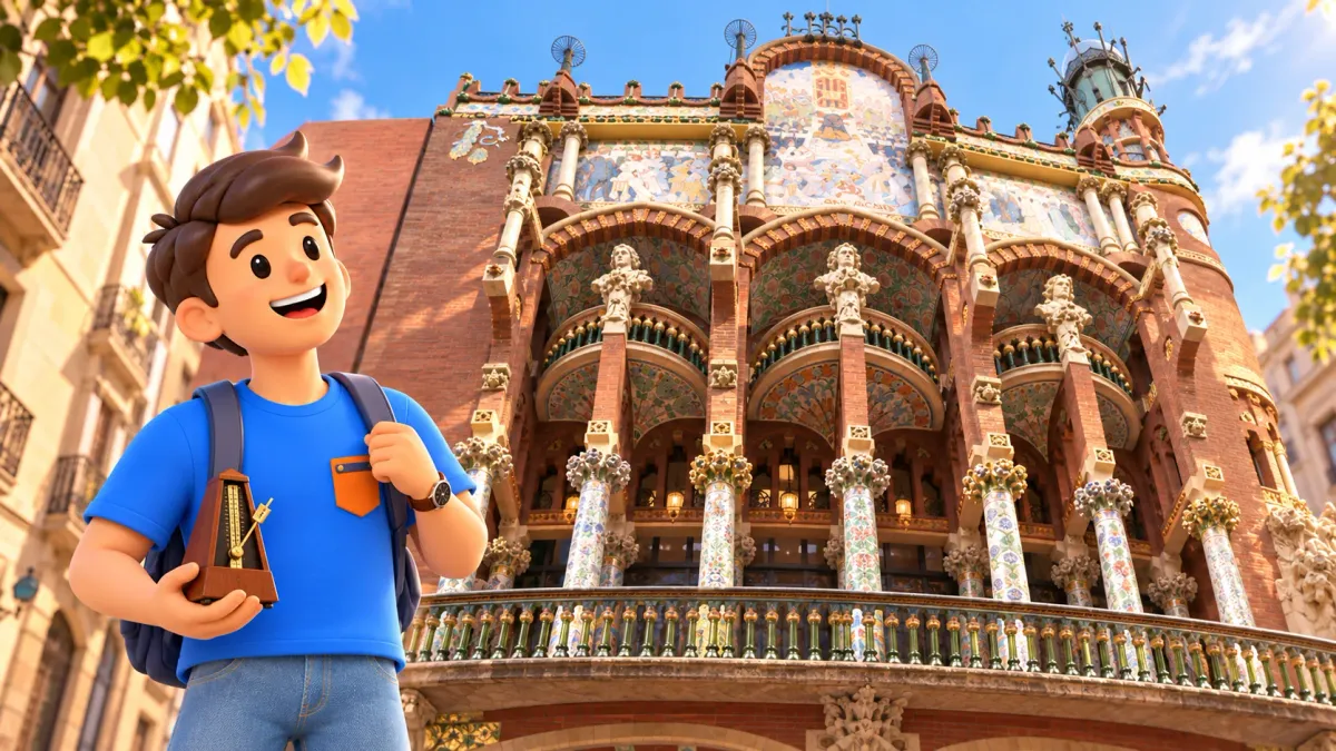 Illustration of a traveller with his own wooden metronome outside the mosaic-column façade of the Palau de la Música Catalana.