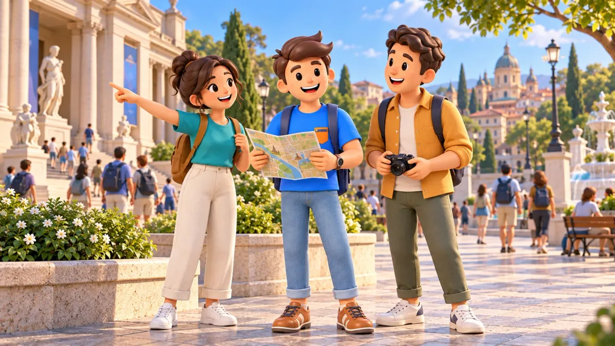 Trois amis discutent d’une promenade en ville avec une carte papier près d’un musée.