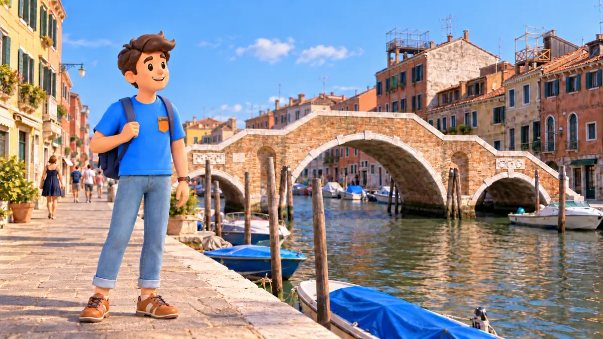 Conceptual illustration of looking at Tre Archi Bridge from the public waterfront