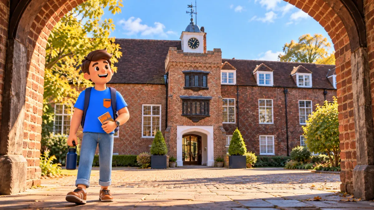 Traveller beneath a brick arch in the courtyard of Fulham Palace.