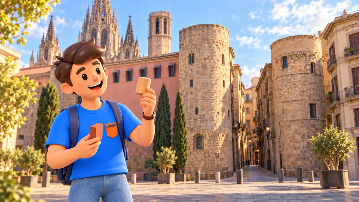 Ilustración de un viajero comparando sus figuras de madera junto a las torres de Barcino en la Plaça Nova.