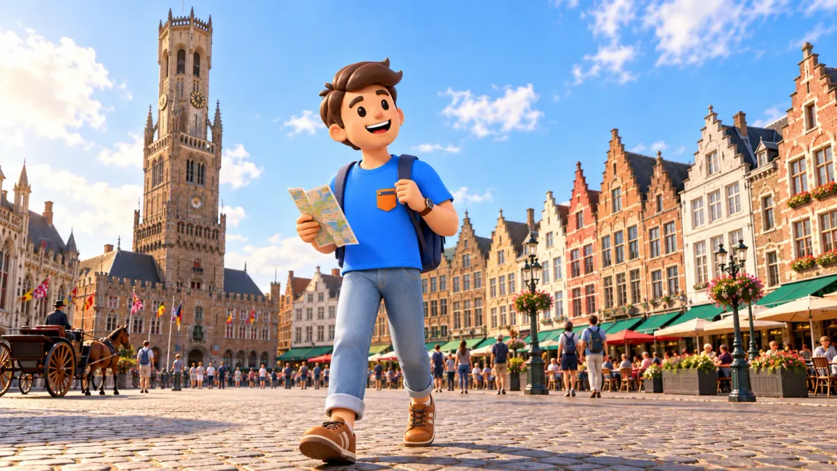 Personaje con un mapa en Markt, junto al campanario de Brujas