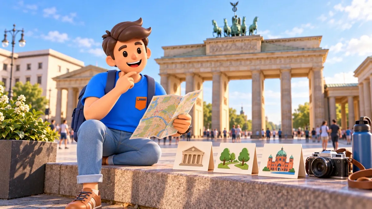 Reisender plant mit einer Karte und Interessenkarten vor dem Brandenburger Tor