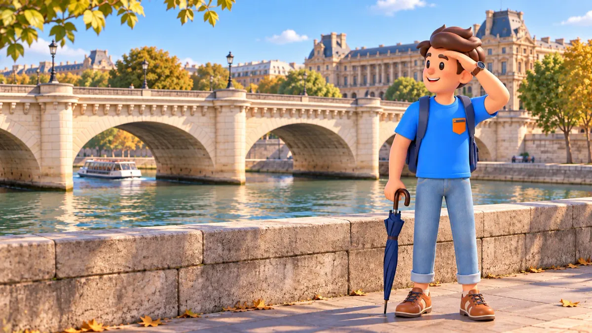Le personnage regarde les arches du Pont Neuf, la main au-dessus des yeux et un parapluie fermé à l’autre main.