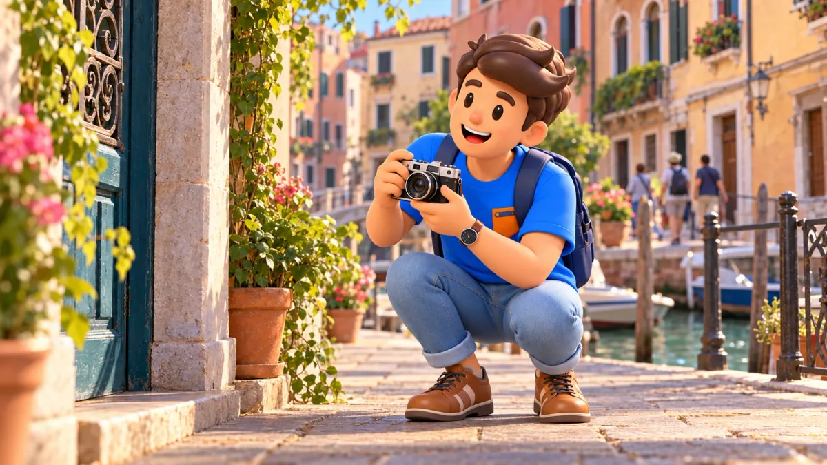 Conceptual illustration of noticing a street detail while holding a personal camera