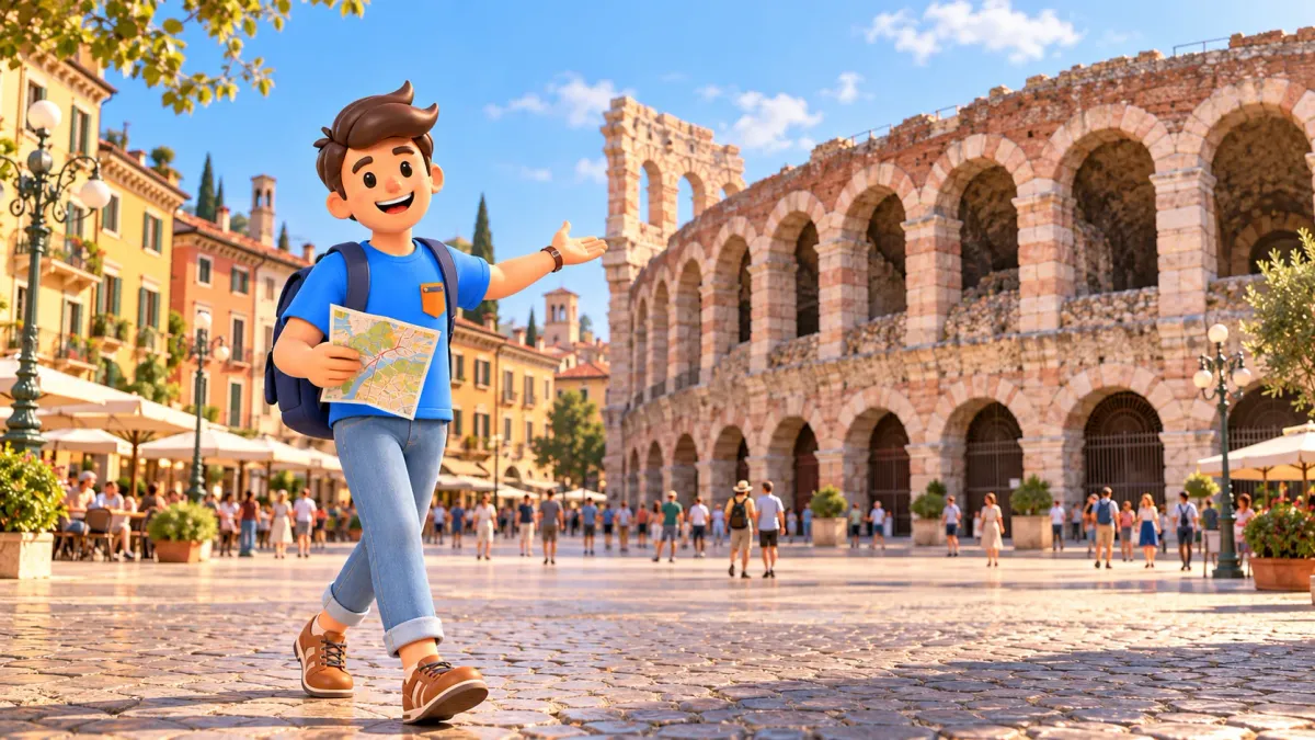 Traveller with a map in Piazza Bra in front of the Verona Arena
