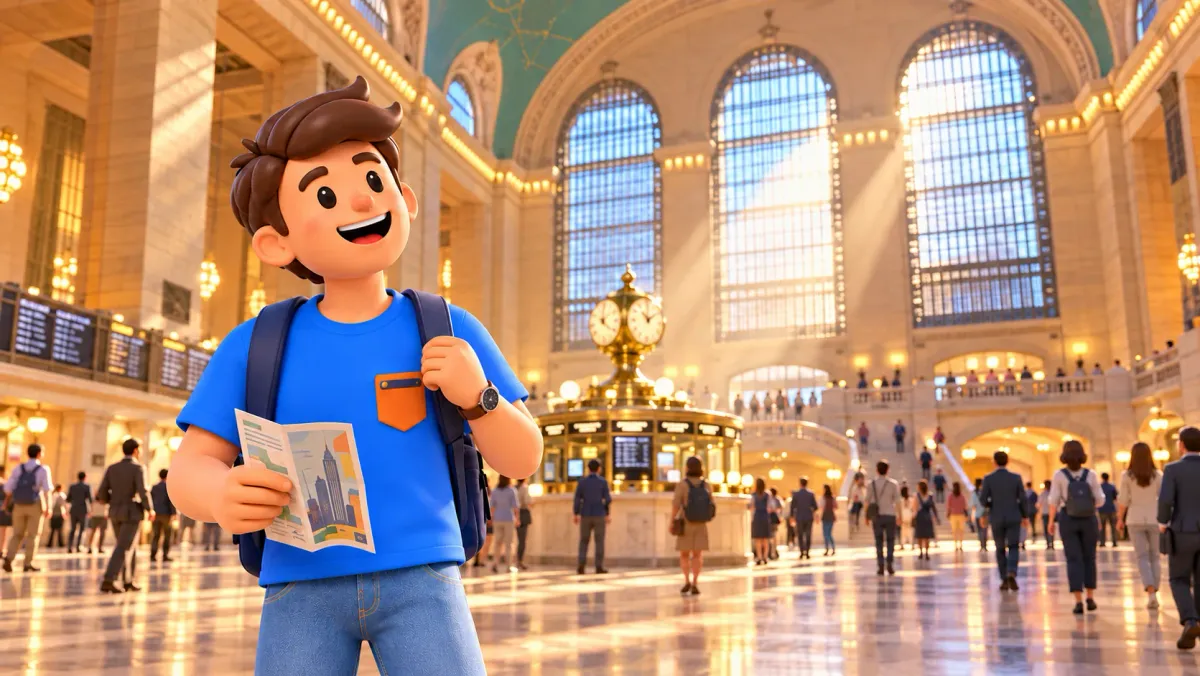 Ein Reisender betrachtet die Haupthalle des Grand Central Terminal mit einem Stadtführer.