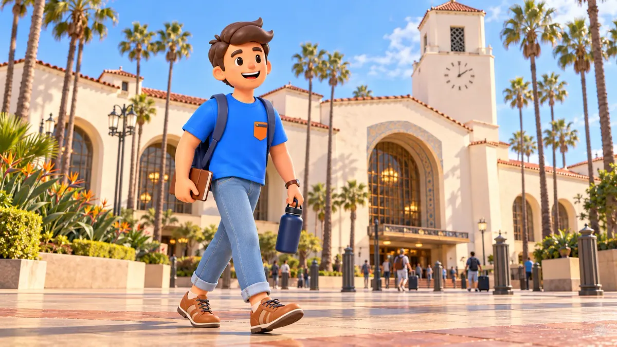 A traveler begins a day beside Union Station with a pocket notebook and water bottle.