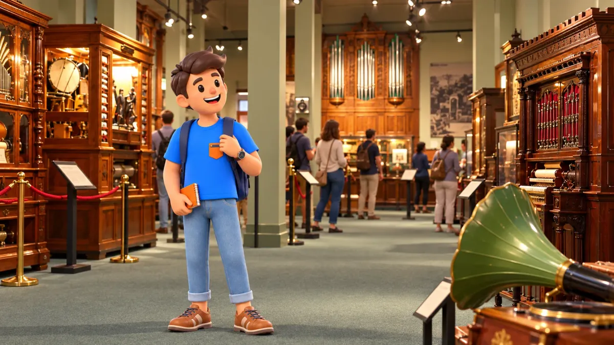 Traveller looking at mechanical instruments in the Musical Museum gallery.