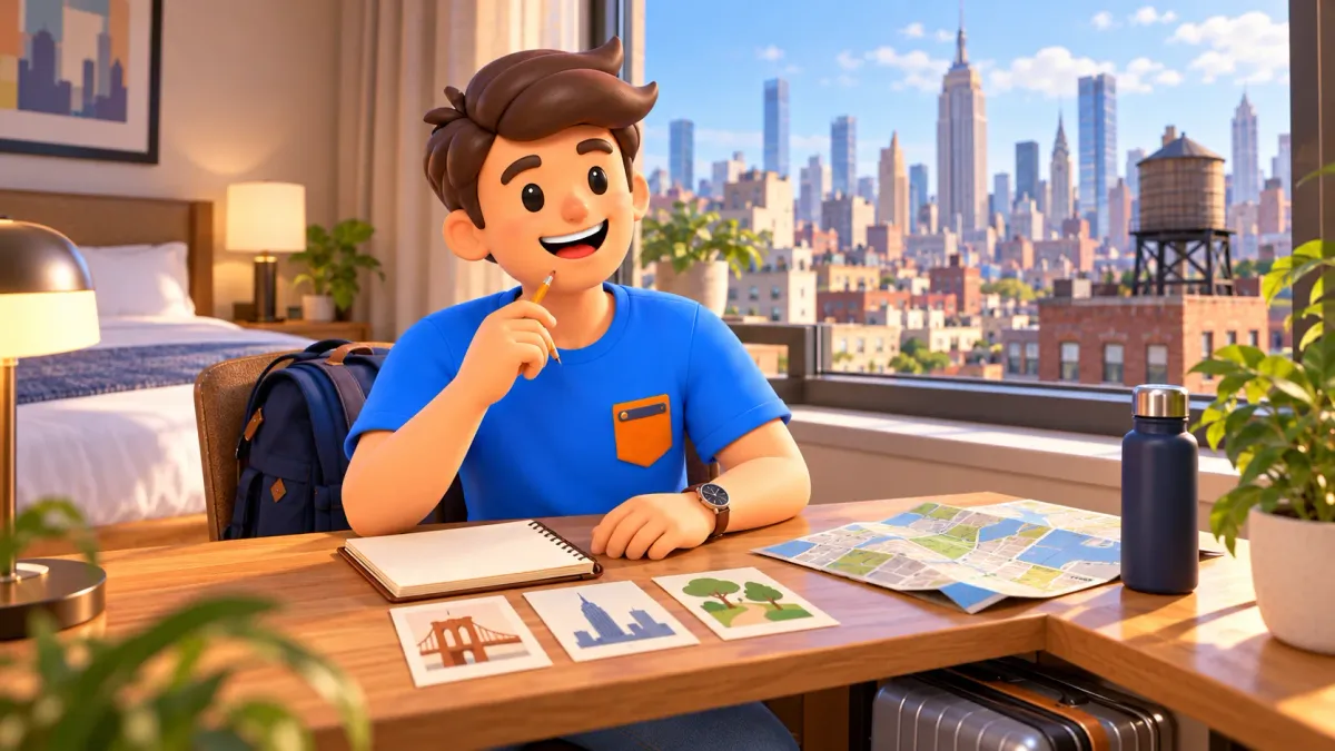 A traveler plans three days in New York at a desk with cards and a notebook.