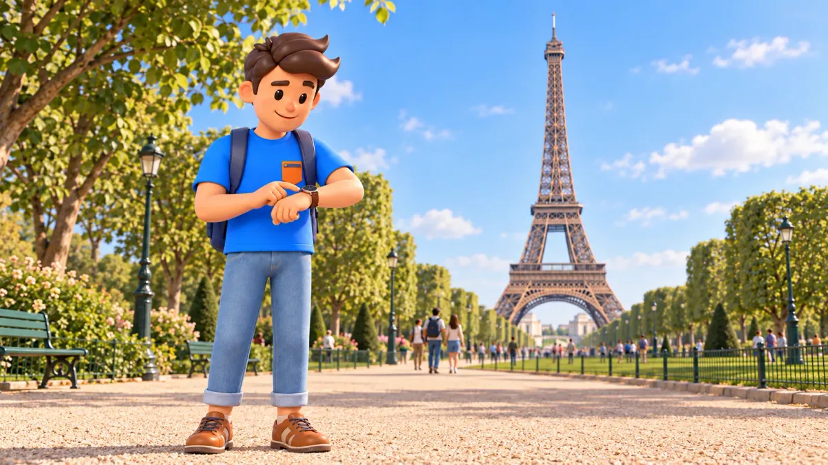 The mascot checks his left wristwatch on a public path with the Eiffel Tower behind him.