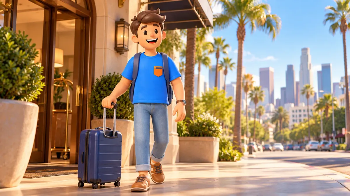 Traveler with a suitcase outside a hotel with a distant Los Angeles cityscape