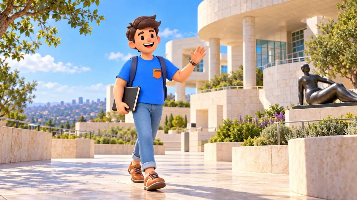 Ein Reisender geht mit einem Skizzenbuch über den Platz am Getty Center.