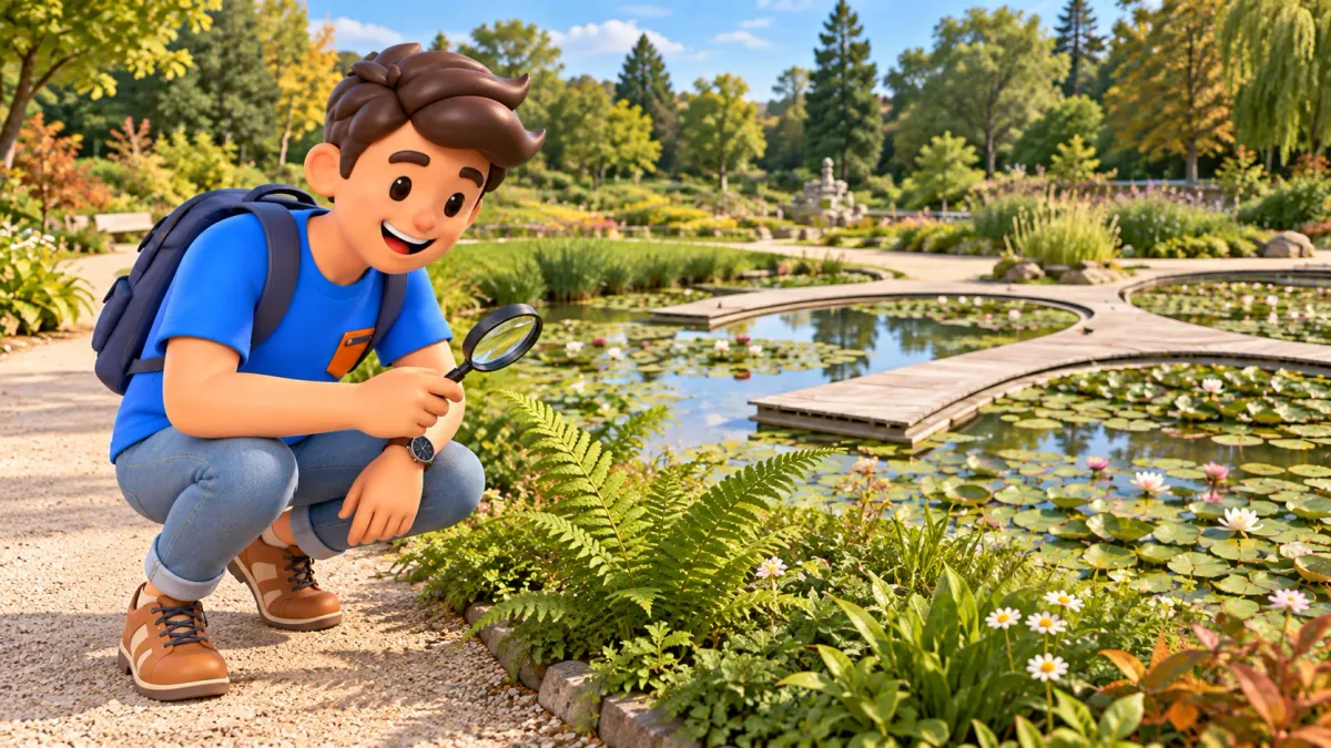 Traveler examining a fern with a magnifying glass beside the waterlily ponds in Parc Floral