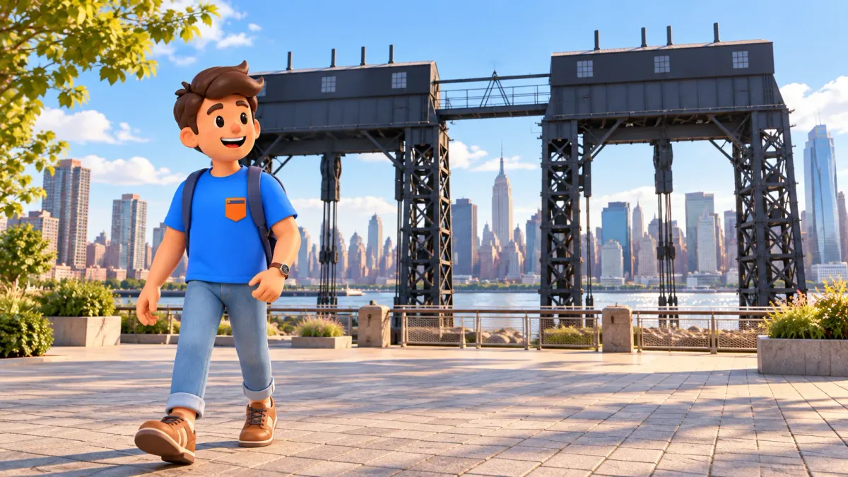 Traveller walking beside Gantry Plaza’s industrial structures with Manhattan across the river.