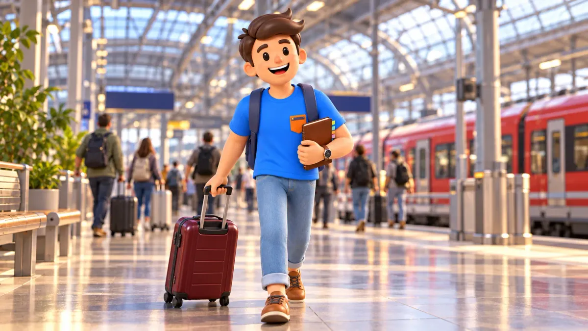 Traveller with a suitcase and journal starting a trip at a railway station.