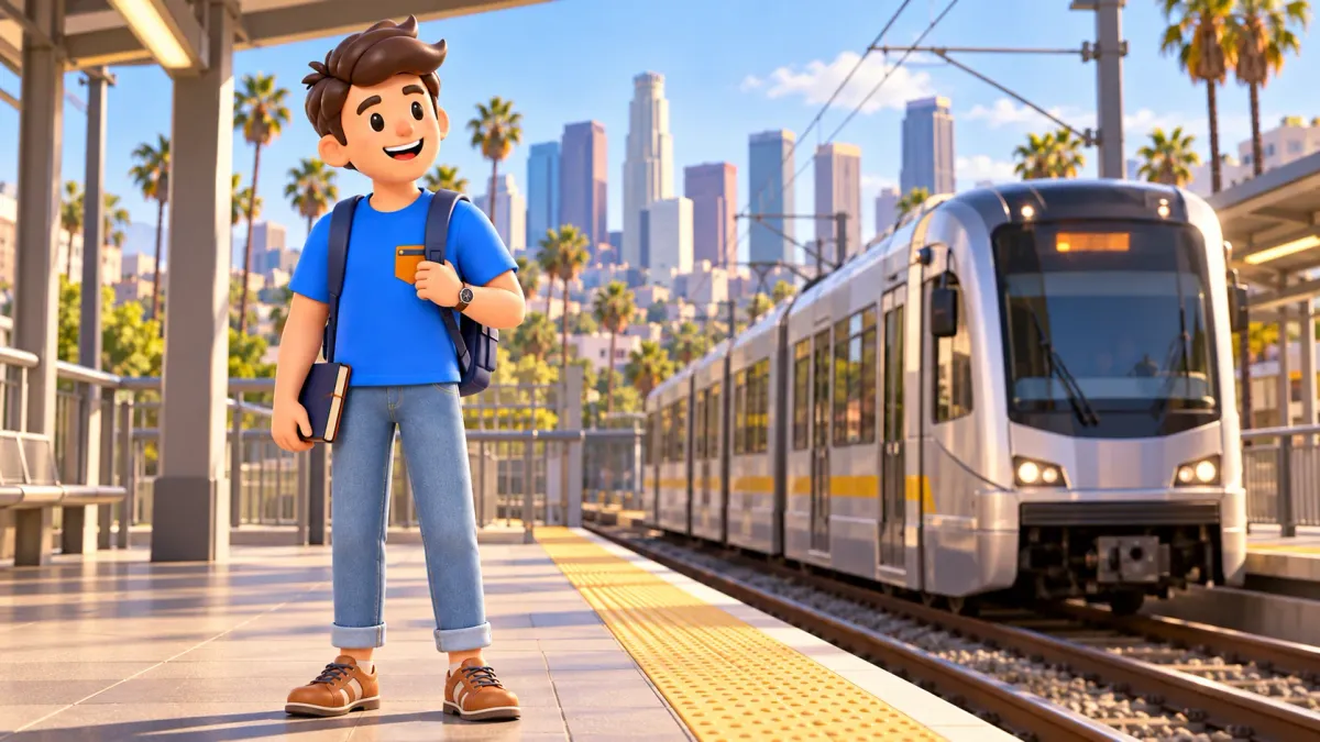 A traveler waits behind the platform safety line as a light-rail train arrives.