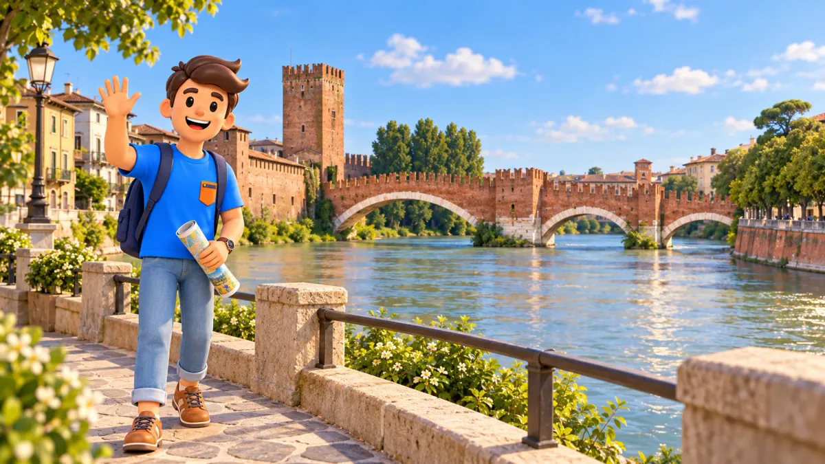 Voyageur au bord de l’Adige avec le pont des Scaliger et Castelvecchio