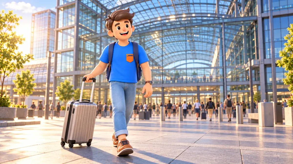 Illustration of a traveller with a small suitcase outside a glass building inspired by Berlin Central Station.