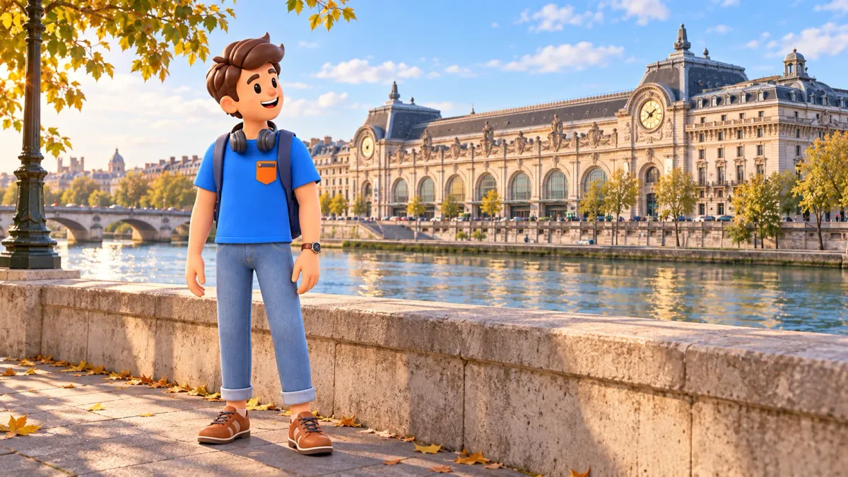 The mascot with headphones around his neck looks at the Musée d’Orsay clock across the Seine.