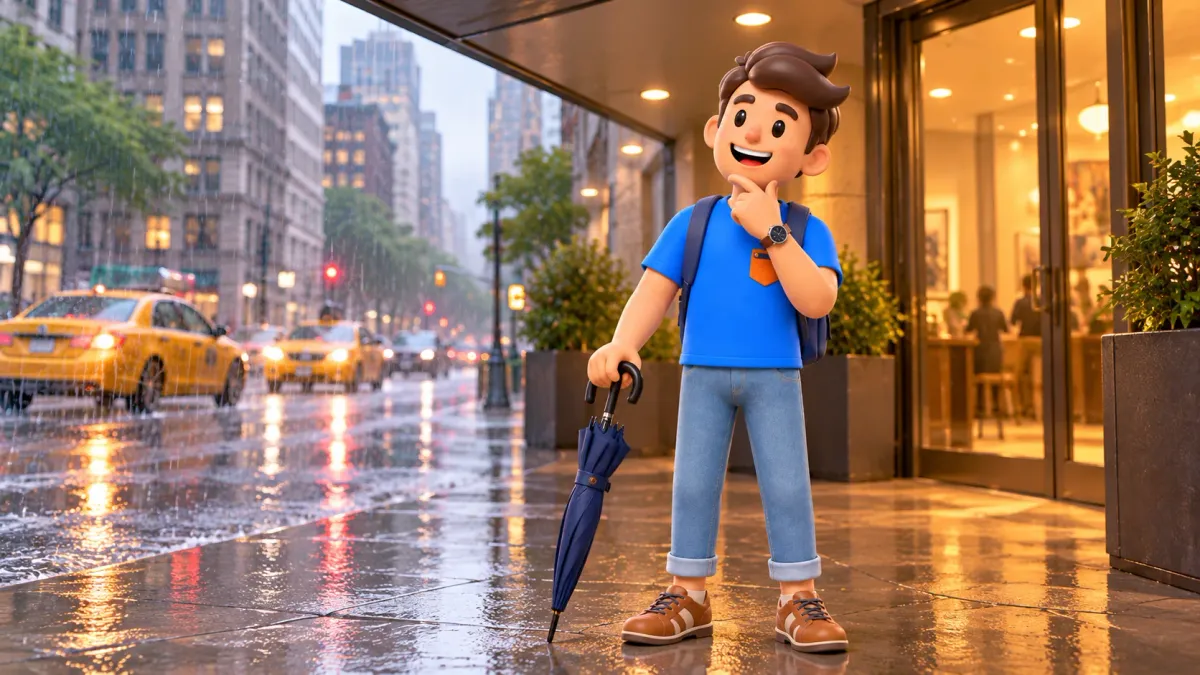 Voyageur avec un parapluie fermé sous un auvent dans Manhattan sous la pluie.