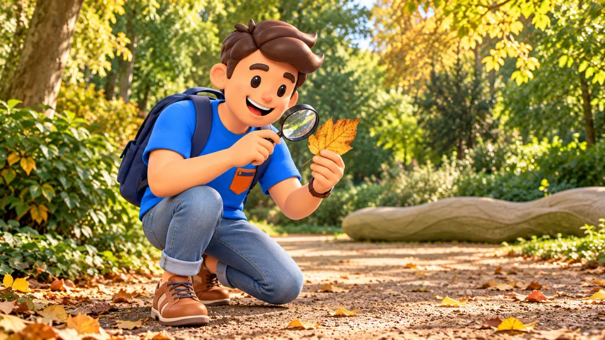 Personaje observando una hoja caída con una lupa en un parque urbano