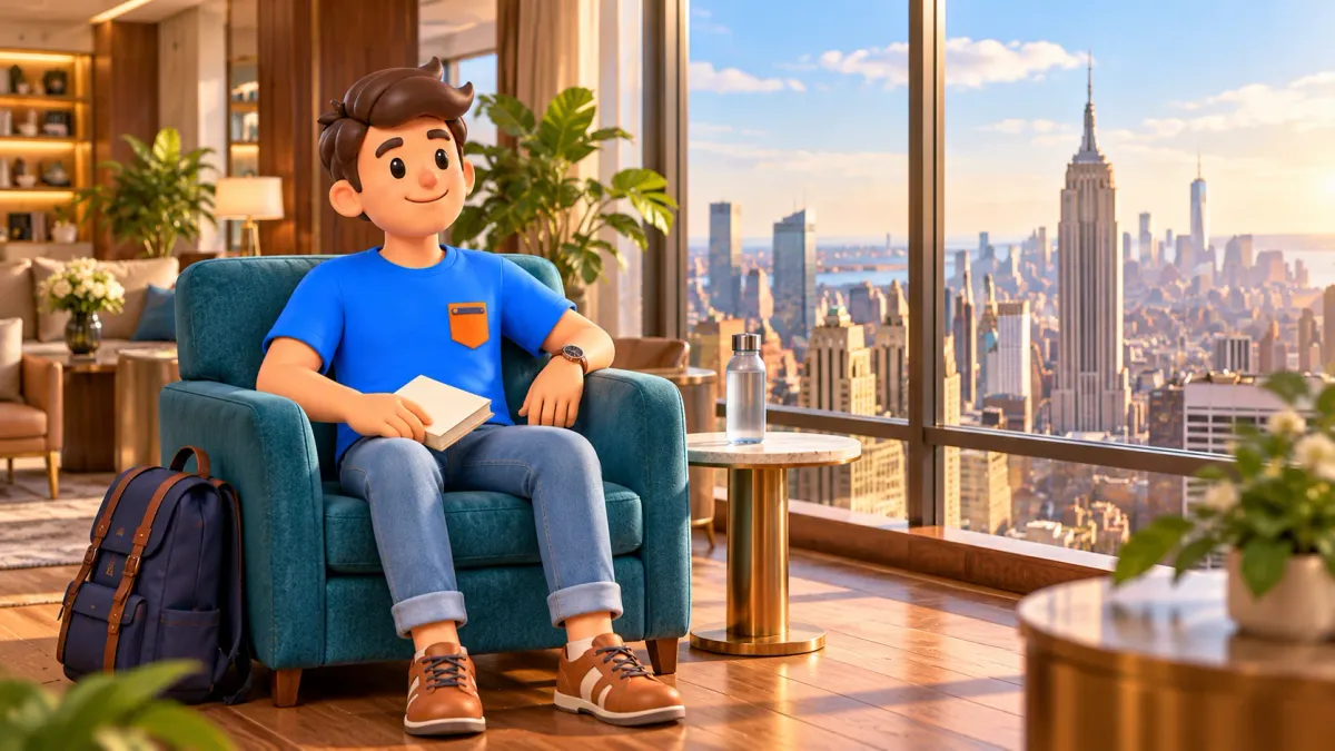 Un viajero con un libro descansa en un sillón junto a una ventana con vistas a Nueva York.