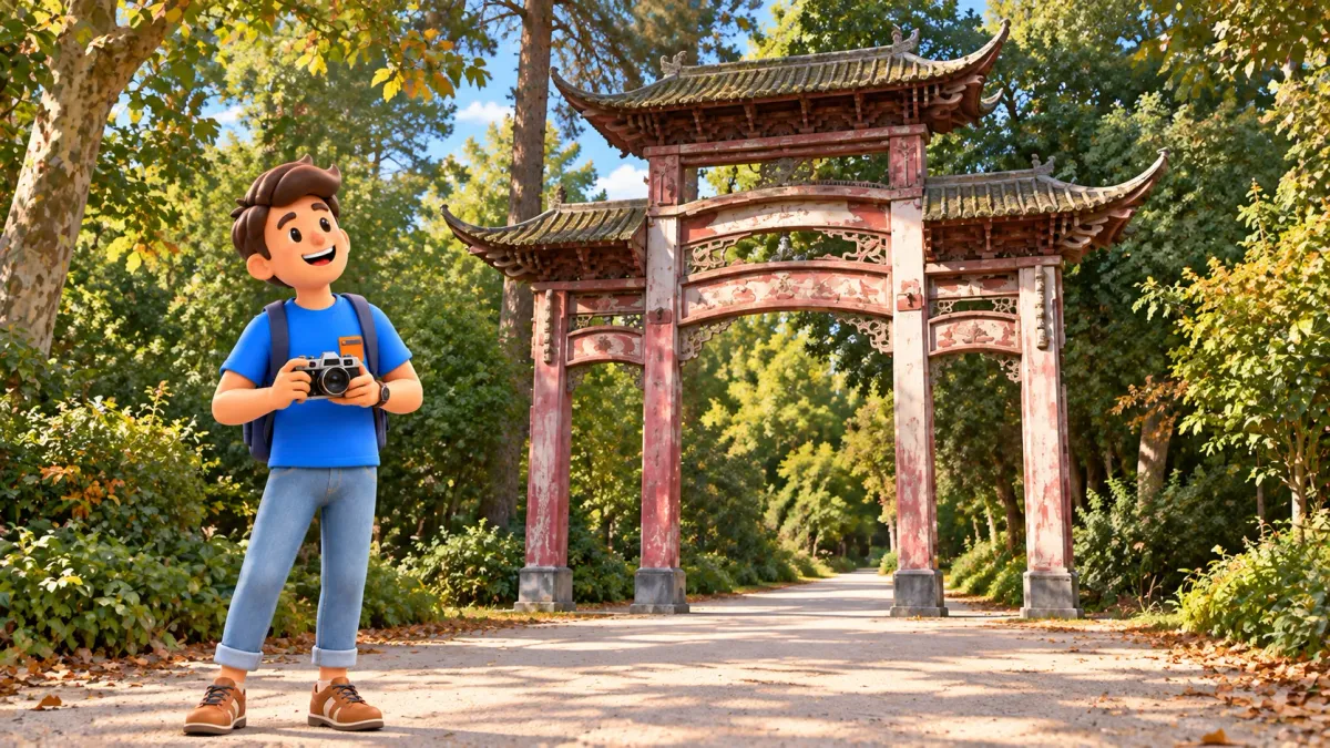 Traveler holding a camera admires the historic gateway of the Tropical Agronomy Garden among trees
