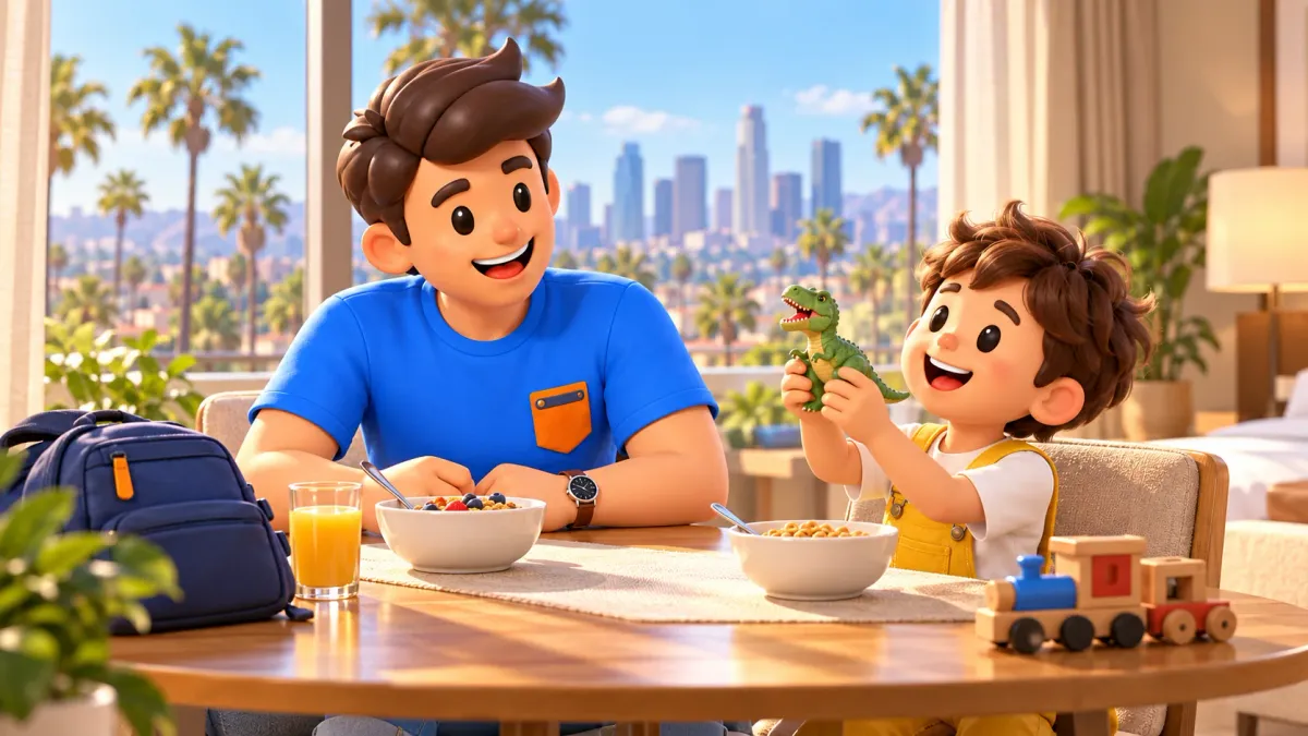 Traveler and child with a toy dinosaur at breakfast