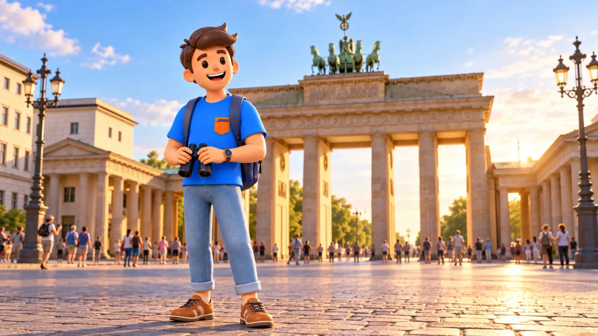 Illustration of a traveller holding binoculars before Brandenburg Gate.