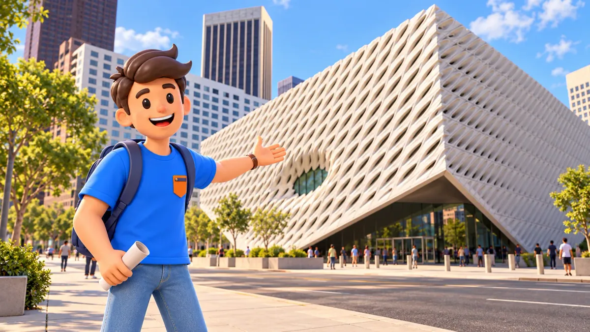 Un viajero señala la fachada de The Broad con un folleto enrollado en la mano.