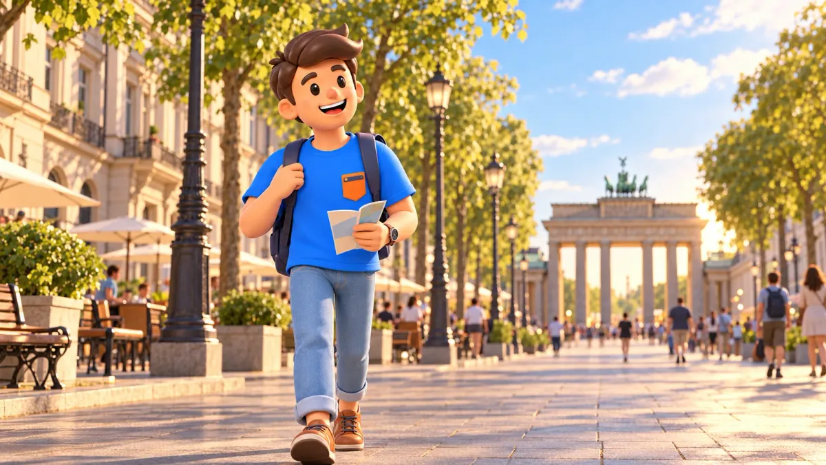 Illustration of a traveller with a brochure on a boulevard inspired by Unter den Linden.