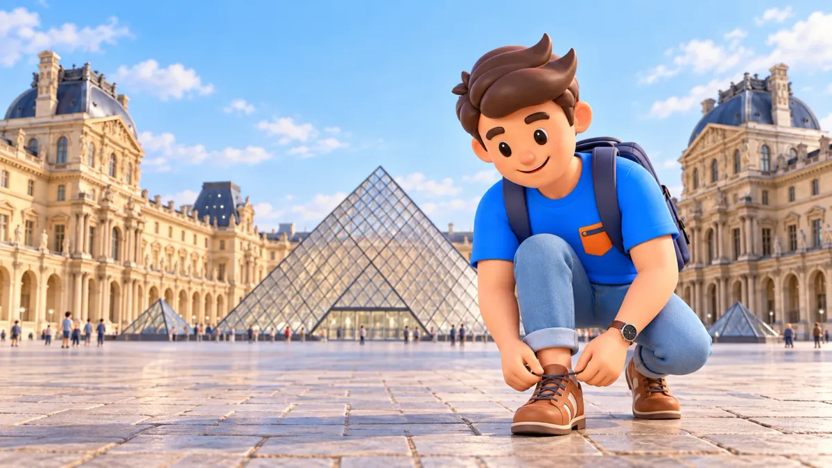 Die Figur richtet ihre Schnürsenkel vor der Louvre-Pyramide.