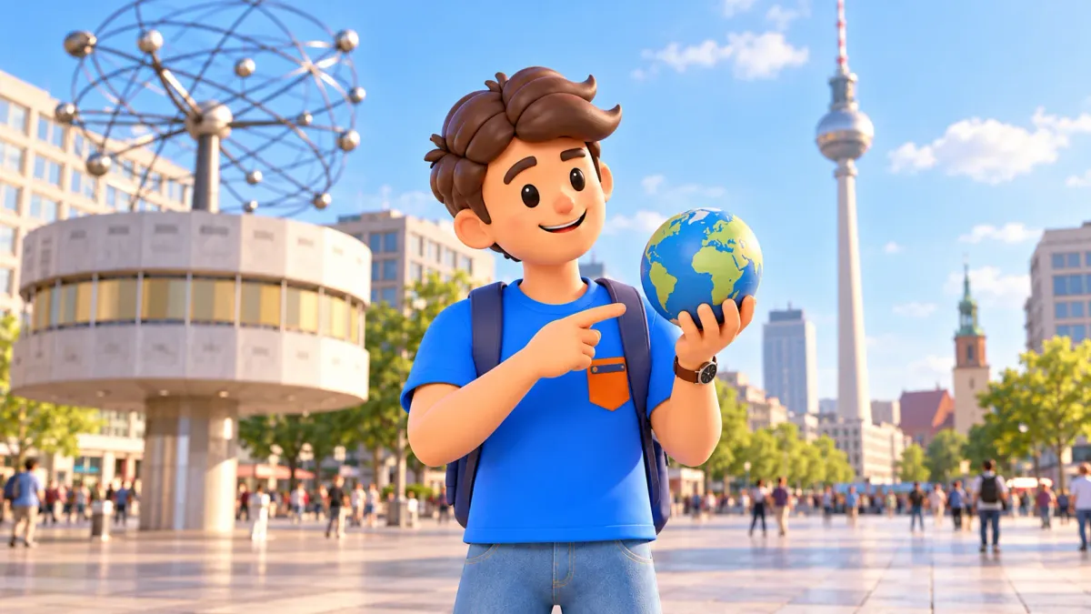 Ilustración de un viajero con un pequeño globo terráqueo en una plaza inspirada en Alexanderplatz.