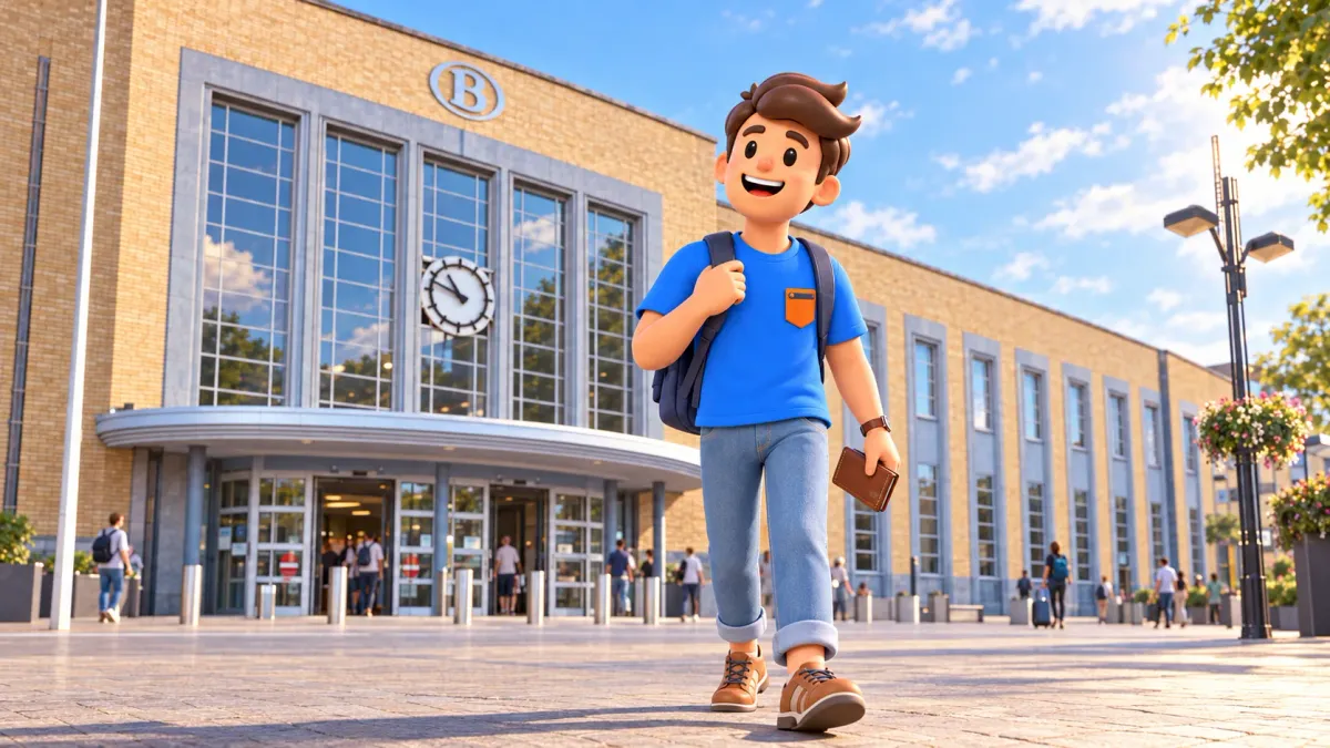 Character with backpack and travel wallet in front of Brugge station’s main facade