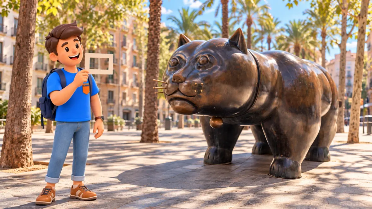Illustration d’un voyageur avec son cadre de visée en carton près du chat en bronze de Botero sur la Rambla del Raval.
