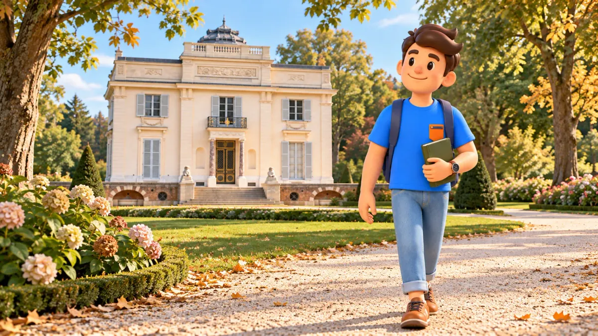 Traveler with a closed green book walking on a garden path near the Château de Bagatelle
