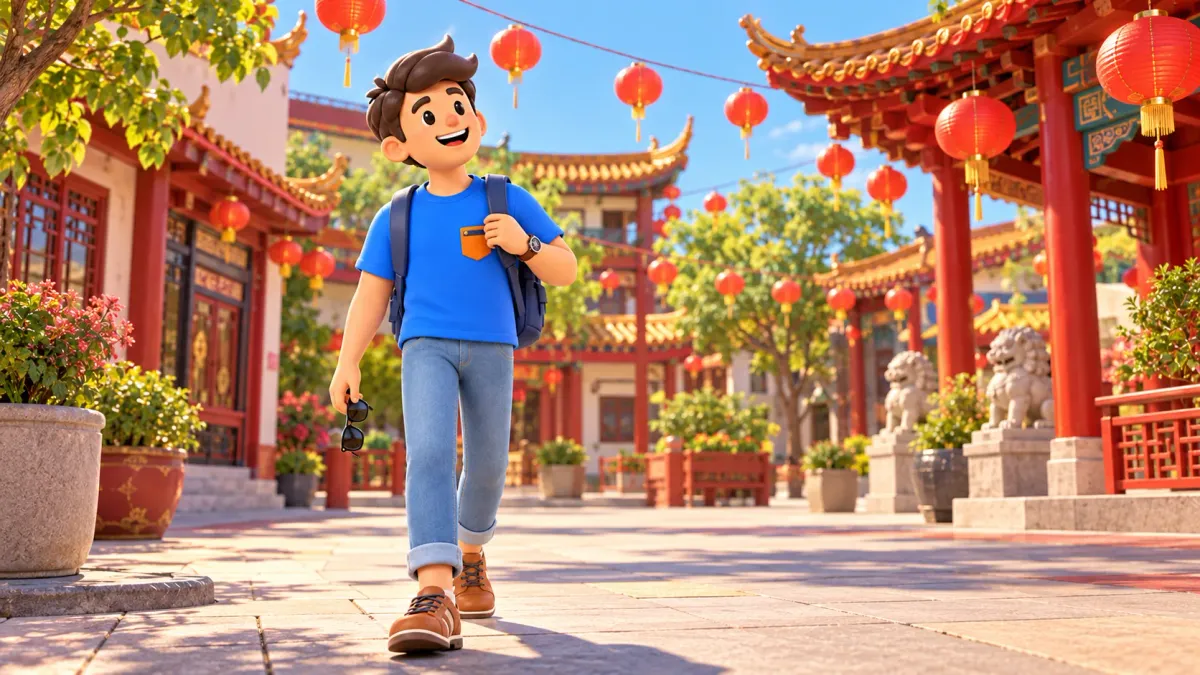 Un viajero observa los faroles y la arquitectura de Chinatown.