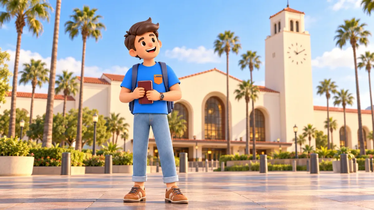 Viajero con un cuaderno ante una ilustración de la fachada de Union Station