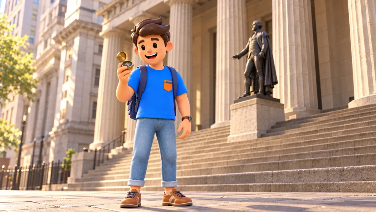 Ilustración de un viajero con brújula junto a Federal Hall y la estatua de Washington.