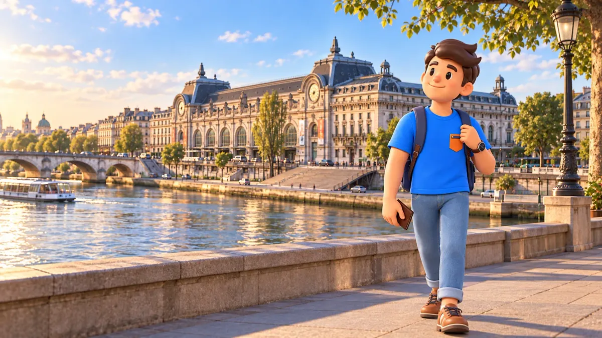 The mascot holds a ticket wallet and looks at Orsay from the opposite riverbank.