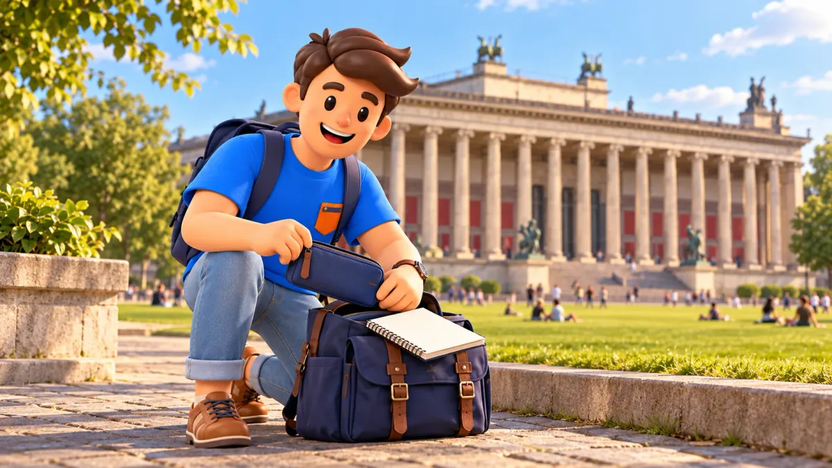 Illustration eines Reisenden beim Vorbereiten seiner Zeichensachen vor der Kolonnade des Alten Museums.